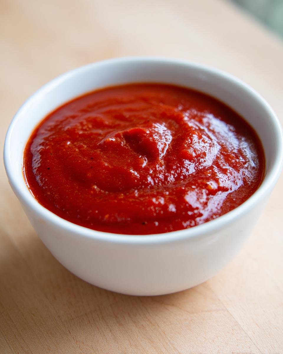Close-up of a white bowl filled with rich, red Easy Homemade Enchilada Sauce on a light wooden surface.