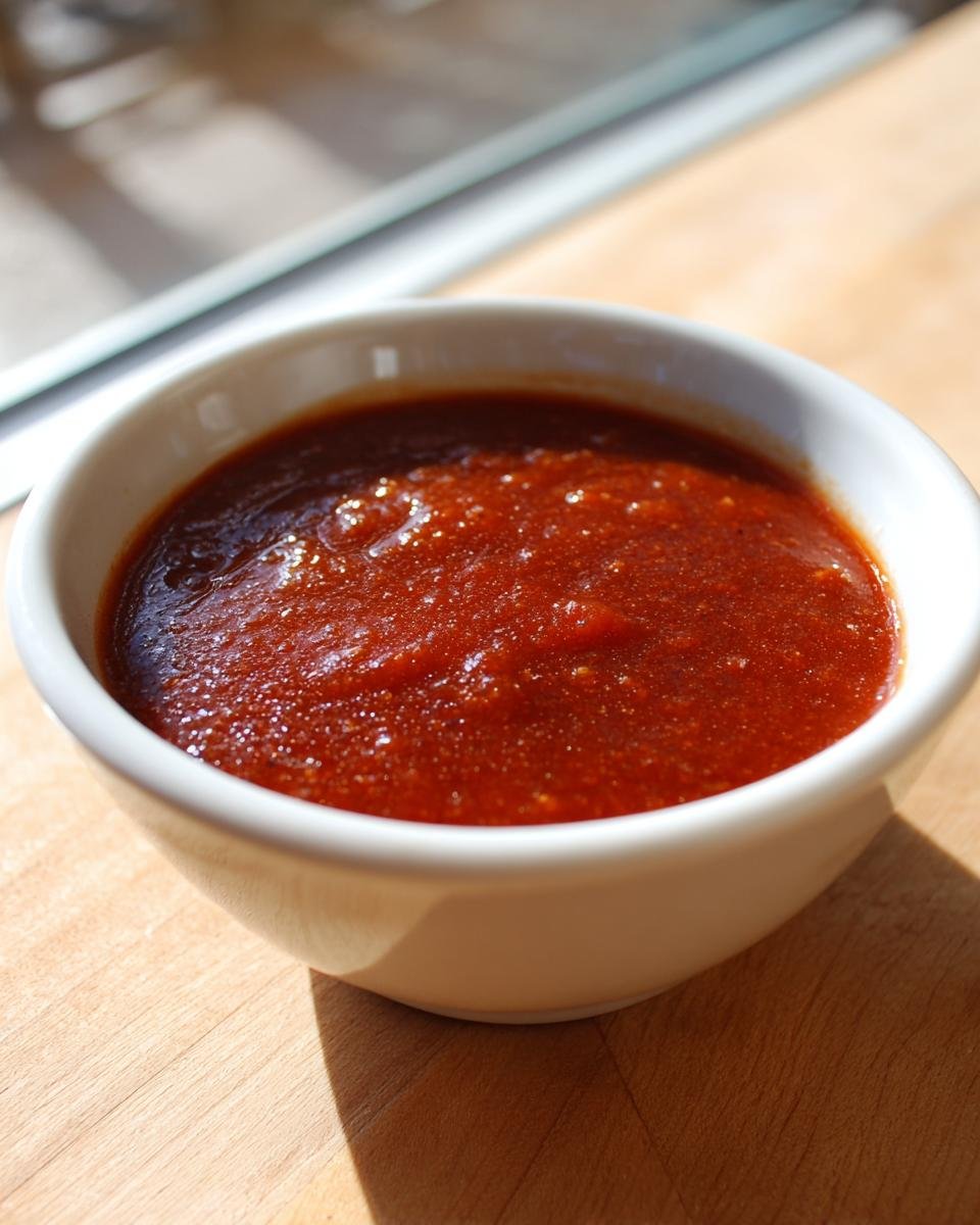 Close-up of rich, deep red Easy Homemade Enchilada Sauce in a small white bowl on a wooden surface.