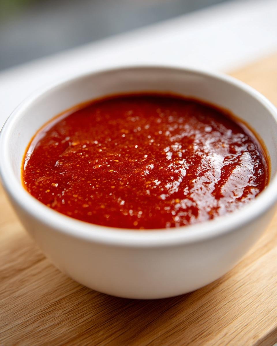Close-up of rich, deep red Easy Homemade Enchilada Sauce in a small white bowl on a wooden surface.