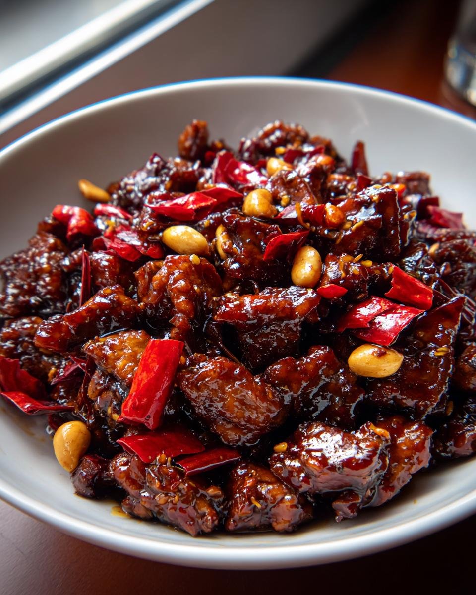 A close-up shot of glossy, dark glazed Easy Kung Pao Chicken pieces mixed with dried red chilies and peanuts in a white bowl.