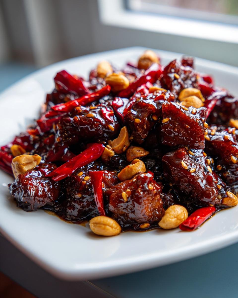 Close-up of glossy Easy Kung Pao Chicken pieces coated in dark sauce with peanuts and bright red chilies.