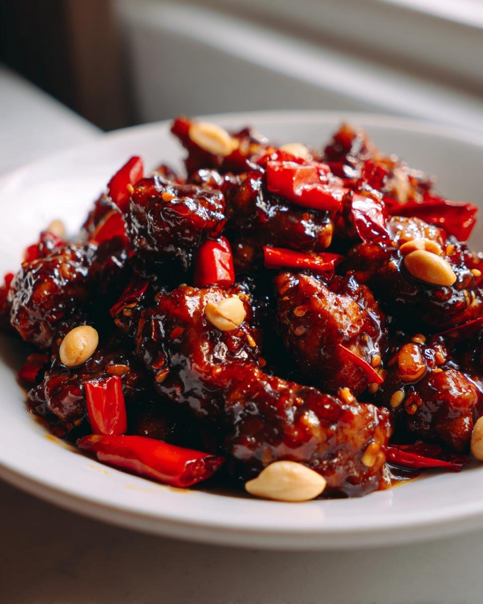 A close-up of glossy, dark sauce-coated Easy Kung Pao Chicken pieces mixed with whole peanuts and dried red chilies.
