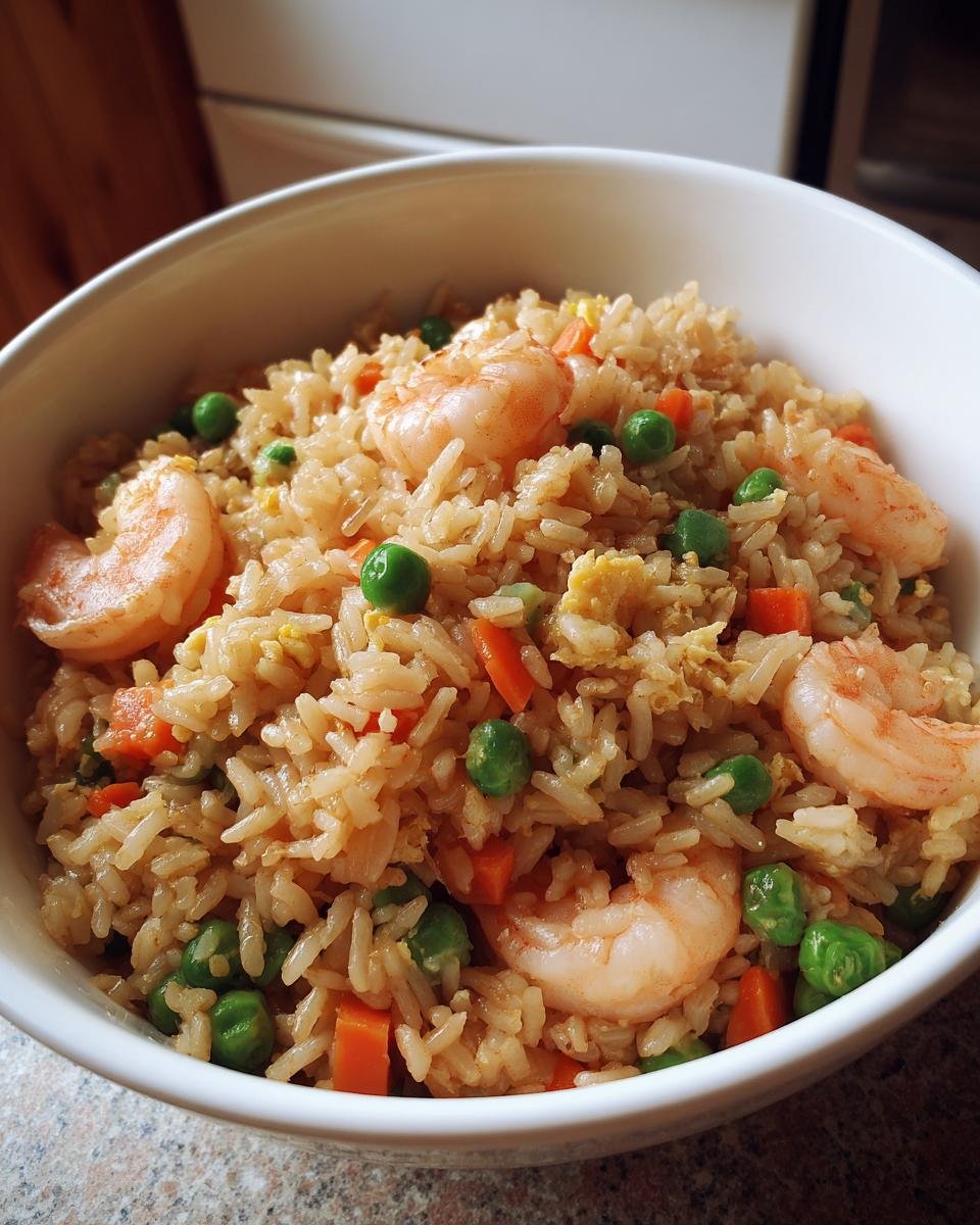 Close-up of a white bowl filled with flavorful Shrimp Fried Rice, featuring plump shrimp, bright green peas, and diced carrots.