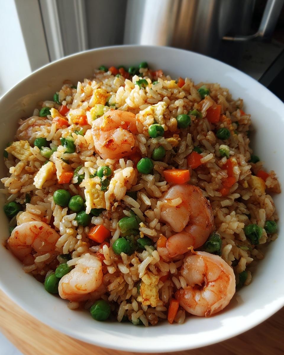 Close-up of a white bowl filled with flavorful Shrimp Fried Rice, featuring plump shrimp, green peas, diced carrots, and scrambled egg.