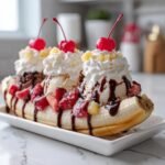 A decadent My Fave Childhood Banana Split served in a boat-shaped banana with scoops of ice cream, strawberries, and cherries.