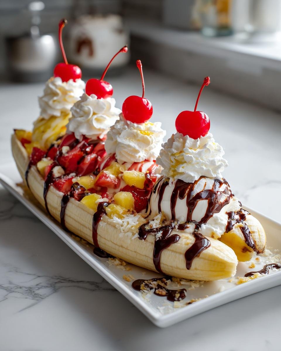 A decadent, fully loaded My Fave Childhood Banana Split with ice cream scoops, fruit, chocolate syrup, and maraschino cherries.