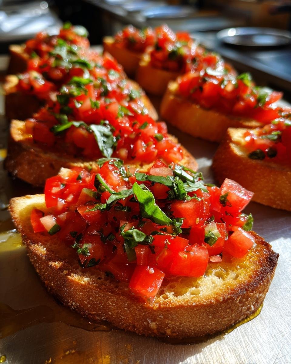 Close-up of toasted bread topped with diced tomatoes and fresh basil for My Fave Easy Classic Bruschetta.