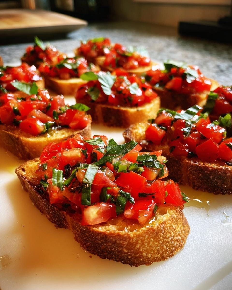 Close-up of several pieces of My Fave Easy Classic Bruschetta topped with fresh diced tomatoes and basil.