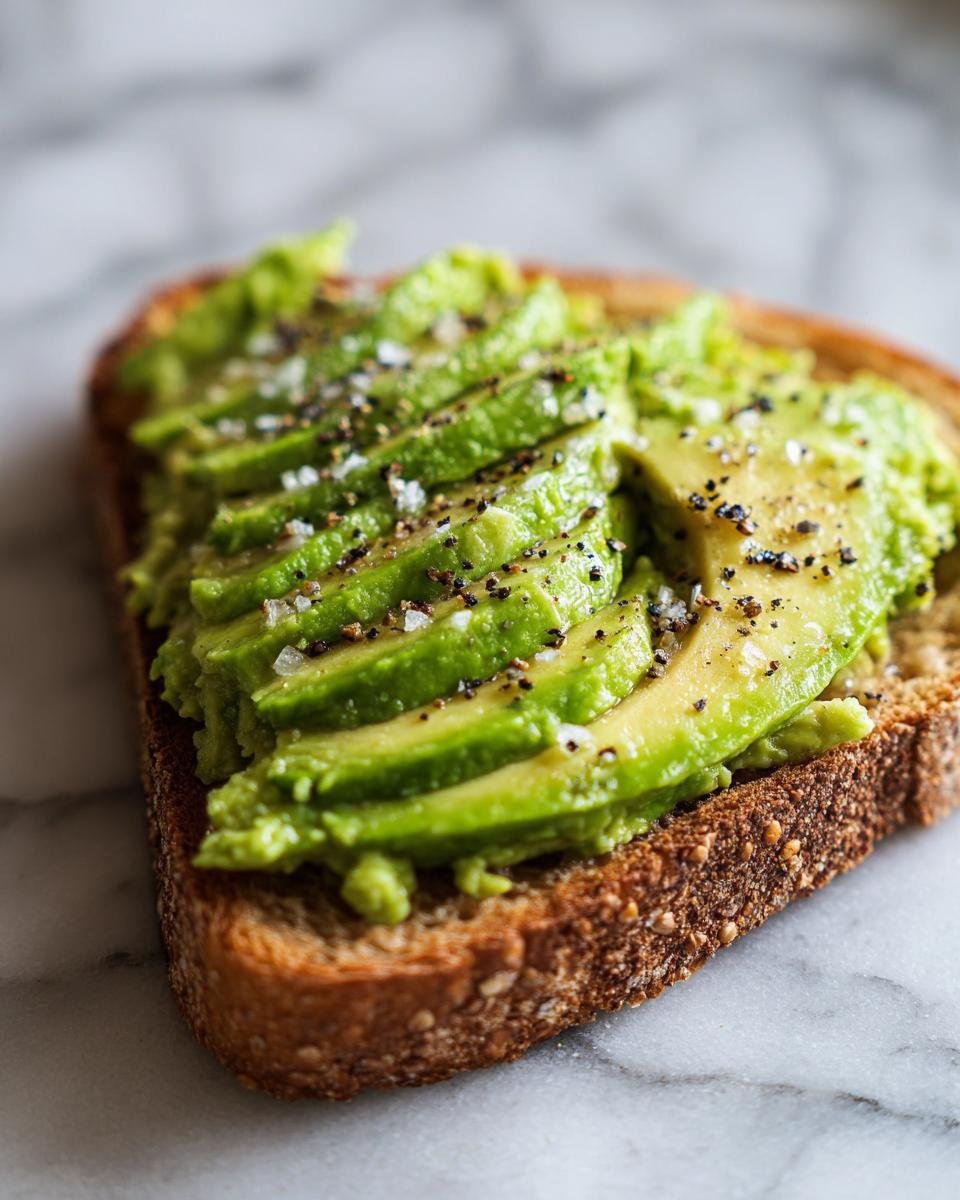 Close-up of a slice of whole-grain bread topped with perfectly fanned avocado slices, sprinkled with sea salt and cracked black pepper for ideal Avocado Toast.