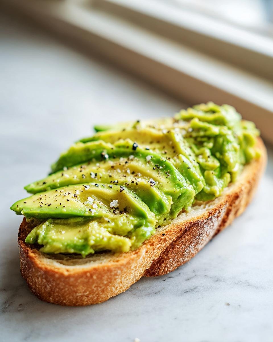 Close-up of a slice of toasted bread topped with mashed and sliced avocado, seasoned with coarse salt and black pepper for perfect Avocado Toast.