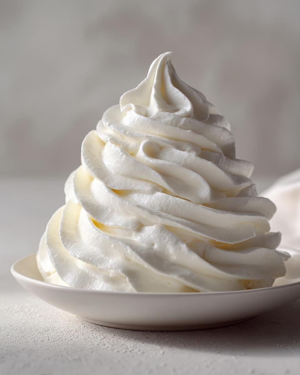 A tall, perfectly piped swirl of creamy white Vanilla Frosting sitting in a small white bowl.