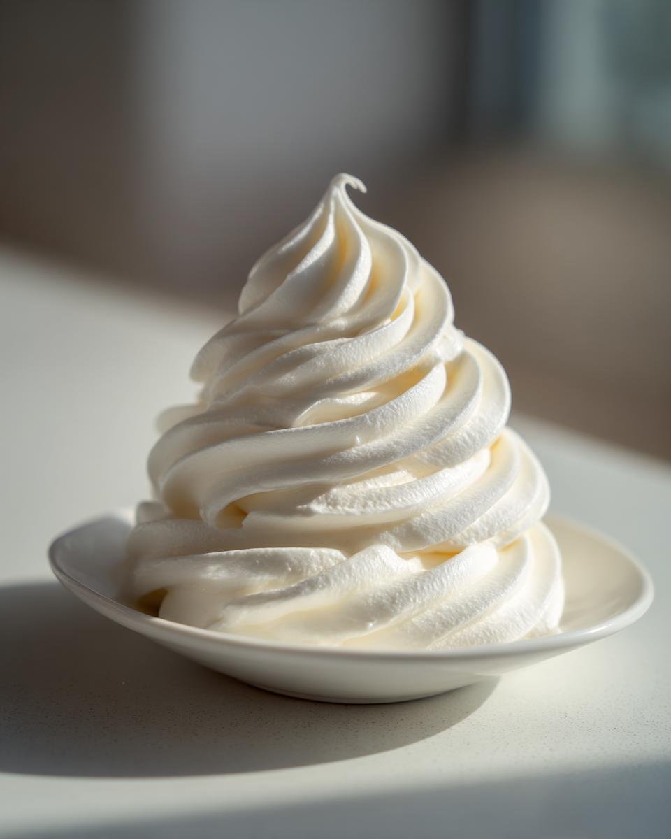 A tall, perfectly piped swirl of creamy white Vanilla Frosting served in a small white dish.