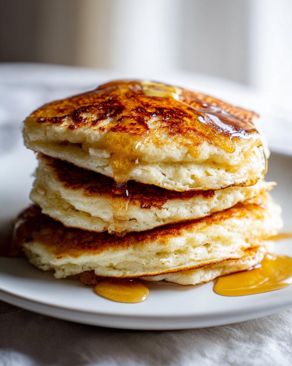 A close-up of a tall stack of fluffy Almond Flour Pancakes drizzled generously with golden syrup.