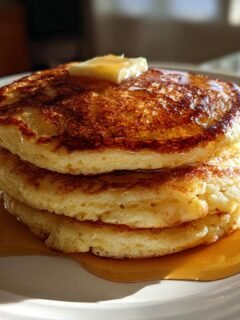 A close-up of three fluffy Almond Flour Pancakes stacked high, topped with melting butter and drizzled with syrup.