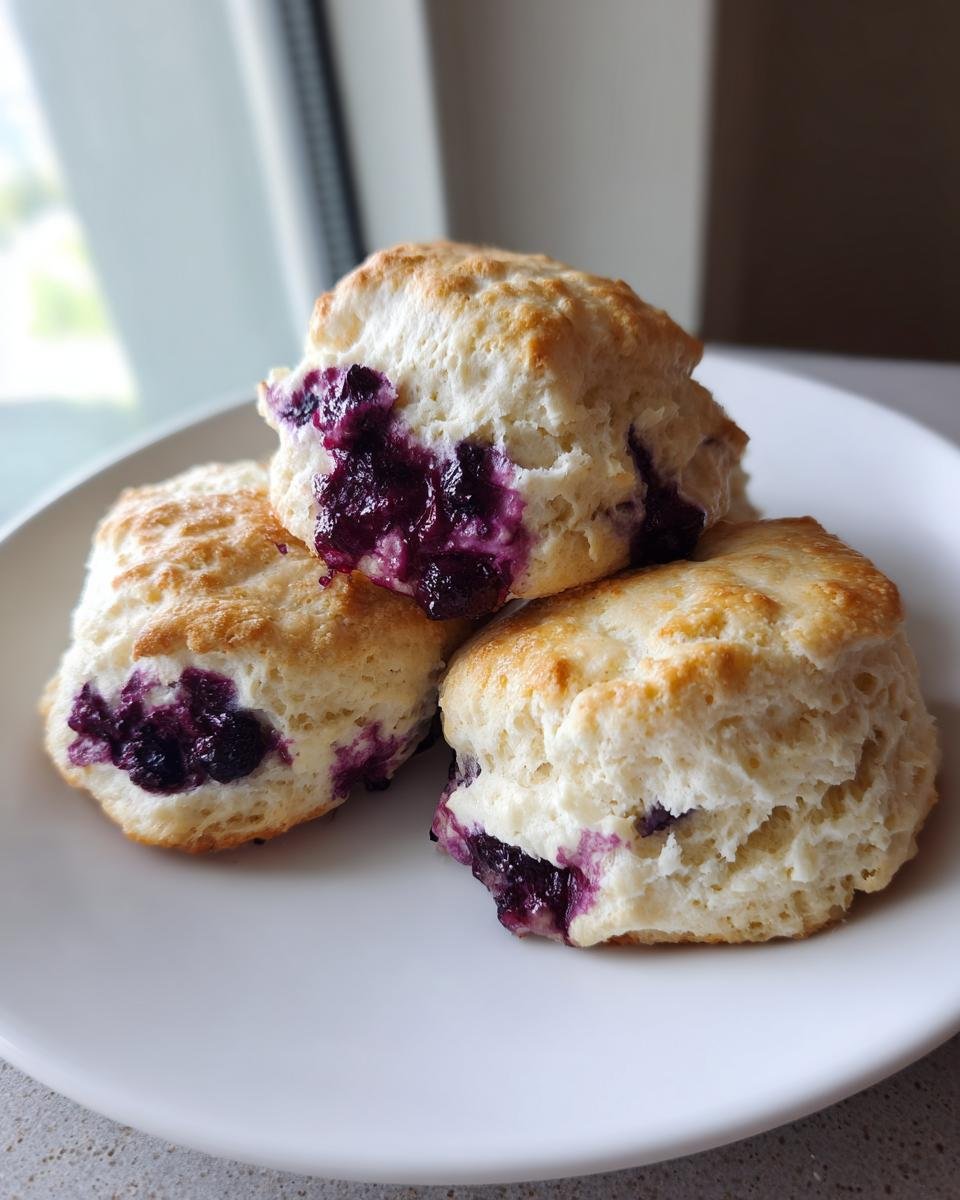 Three freshly baked, fluffy Blueberry Biscuits stacked slightly on a white plate, showing the vibrant purple blueberry filling.