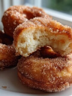 Close-up of a stack of freshly made Cinnamon Sugar Donuts, one broken open showing the fluffy interior.