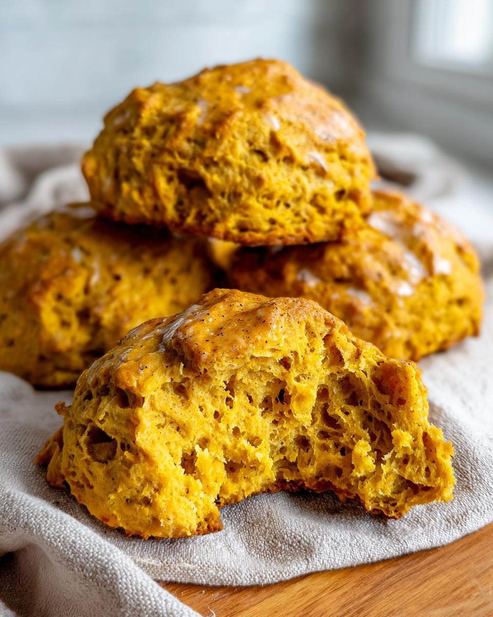 Close-up of a torn Pumpkin Scone showing its moist, airy interior, with more scones stacked behind it.