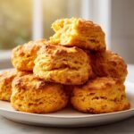 A tempting stack of golden-orange Pumpkin Biscuits piled high on a white plate.