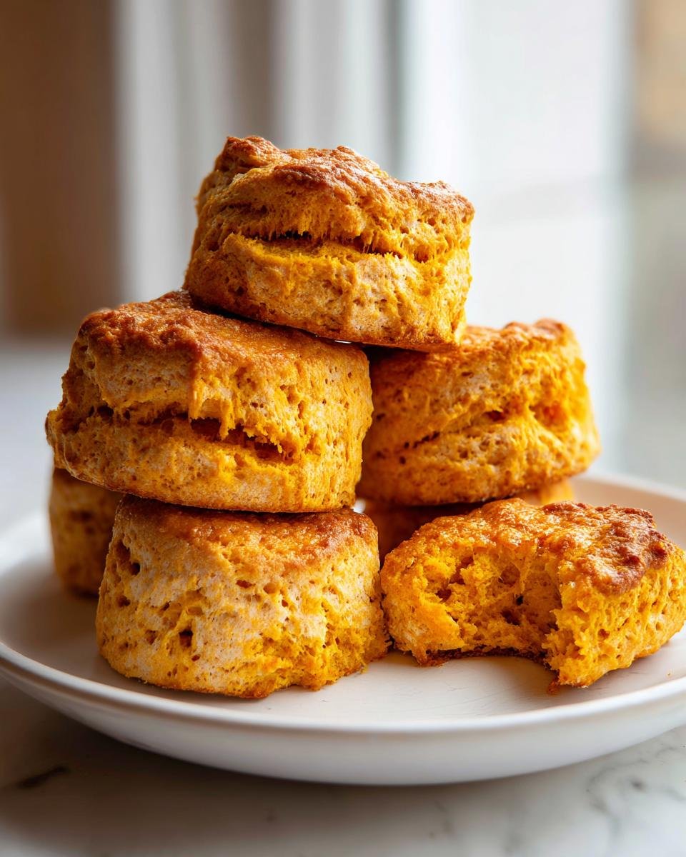 A stack of golden-brown, fluffy Pumpkin Biscuits piled on a white plate, with one biscuit having a bite taken out.