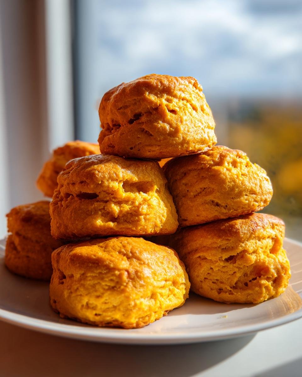A stack of freshly baked, golden orange Pumpkin Biscuits piled high on a white plate near a window.