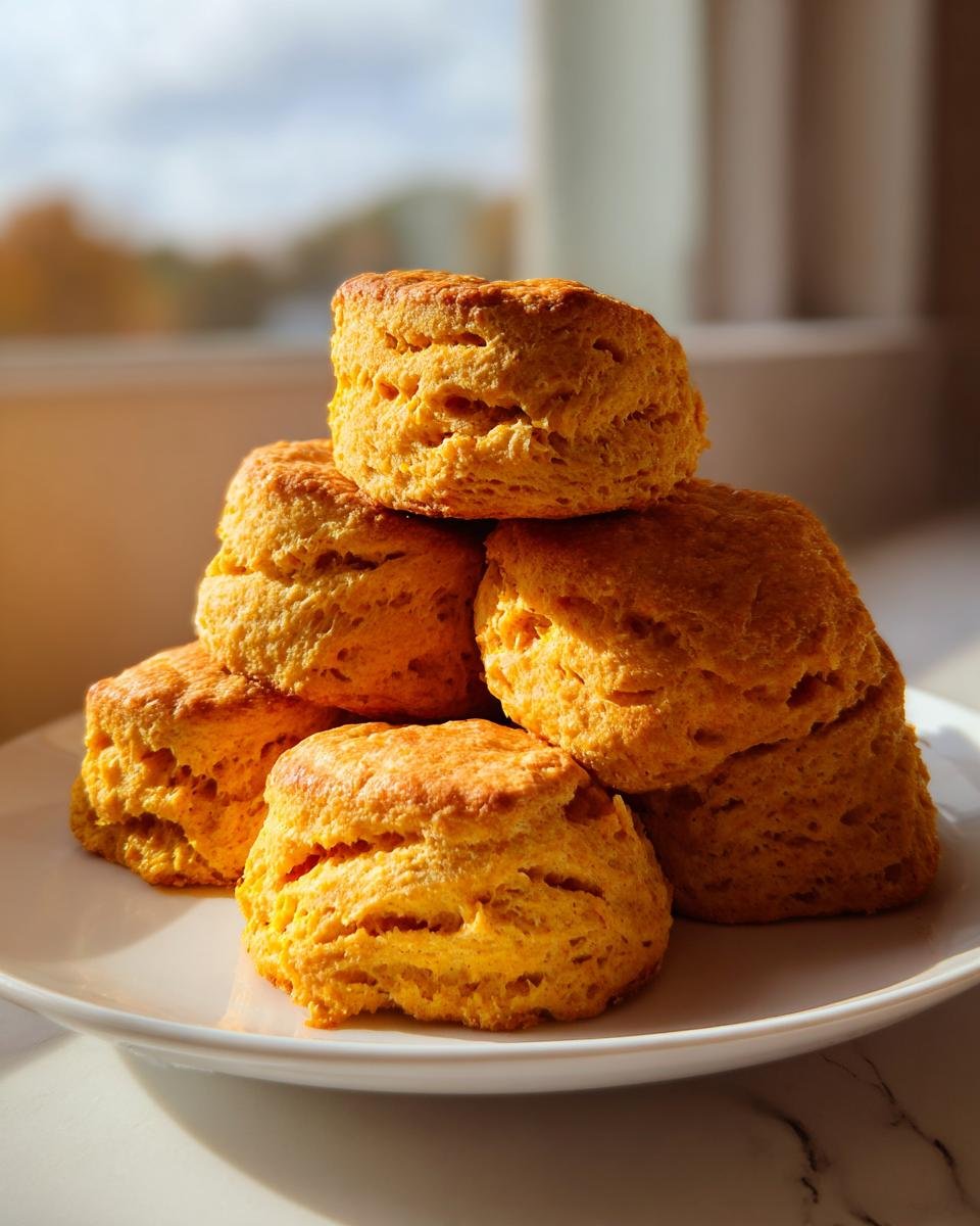 A stack of six golden-orange Pumpkin Biscuits piled on a white plate, catching warm sunlight.