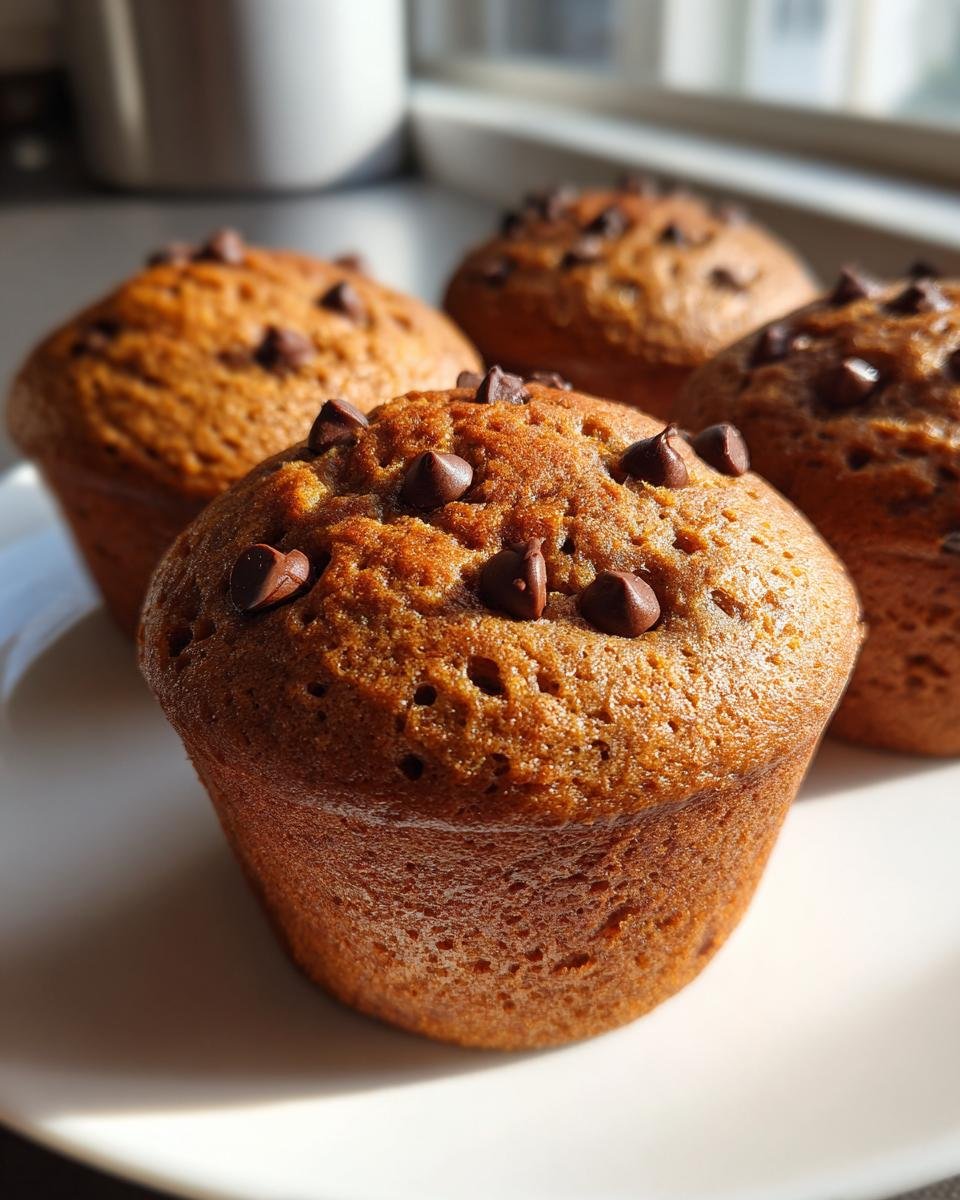 Four freshly baked Chocolate Chip Muffins with visible chocolate chips on top, sitting on a white plate in bright light.