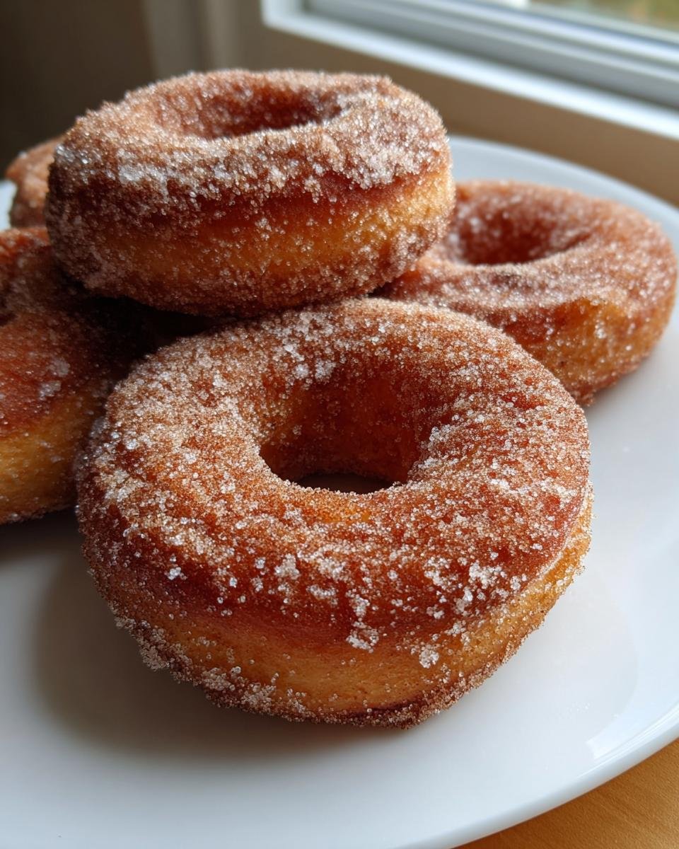 A close-up stack of freshly made Cinnamon Sugar Donuts coated heavily in sparkling sugar mixture.