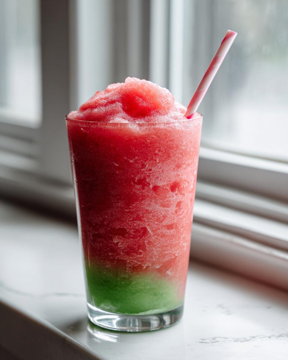 A tall glass filled with a layered Frozen Cucumber Watermelon Strawberry Mocktail slushie, featuring red and green layers.