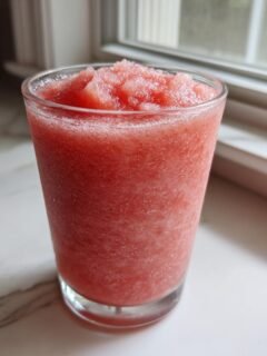 A tall glass filled with a bright pink, icy Frozen Cucumber Watermelon Strawberry Mocktail.