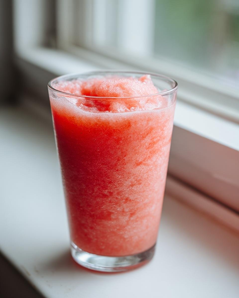 A tall glass filled with a bright pink, icy Frozen Cucumber Watermelon Strawberry Mocktail.