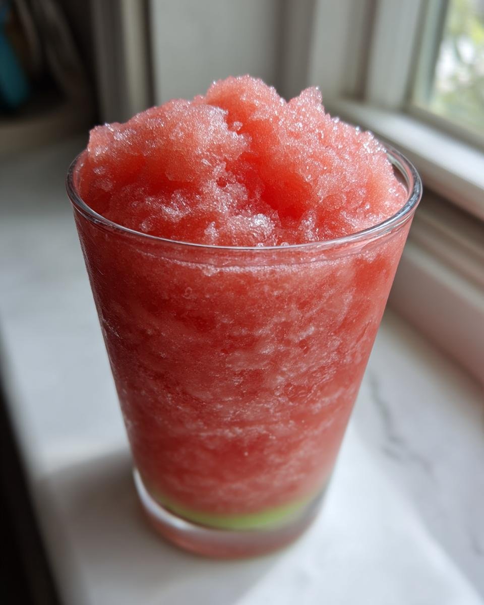 Close-up of a tall glass filled with a bright red, icy Frozen Cucumber Watermelon Strawberry Mocktail.