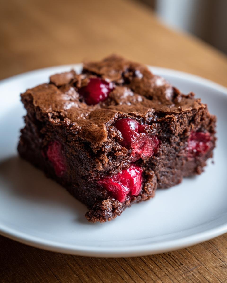 Close-up of a fudgy, rich slice of Cherry Brownies featuring bright red baked cherries throughout the dark chocolate base.