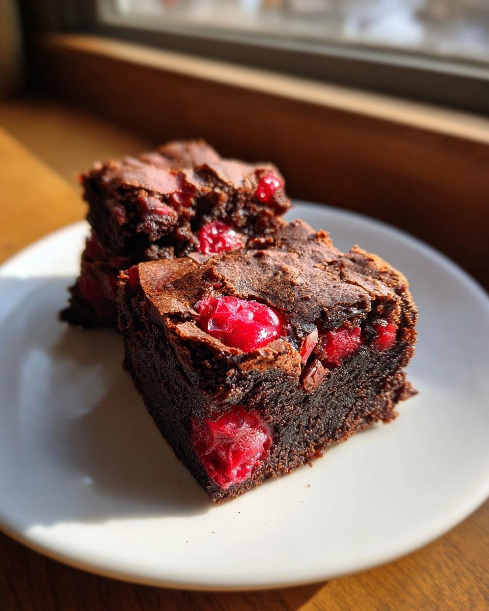 Close-up of two fudgy Cherry Brownies stacked on a white plate, showing bright red cherries baked inside.