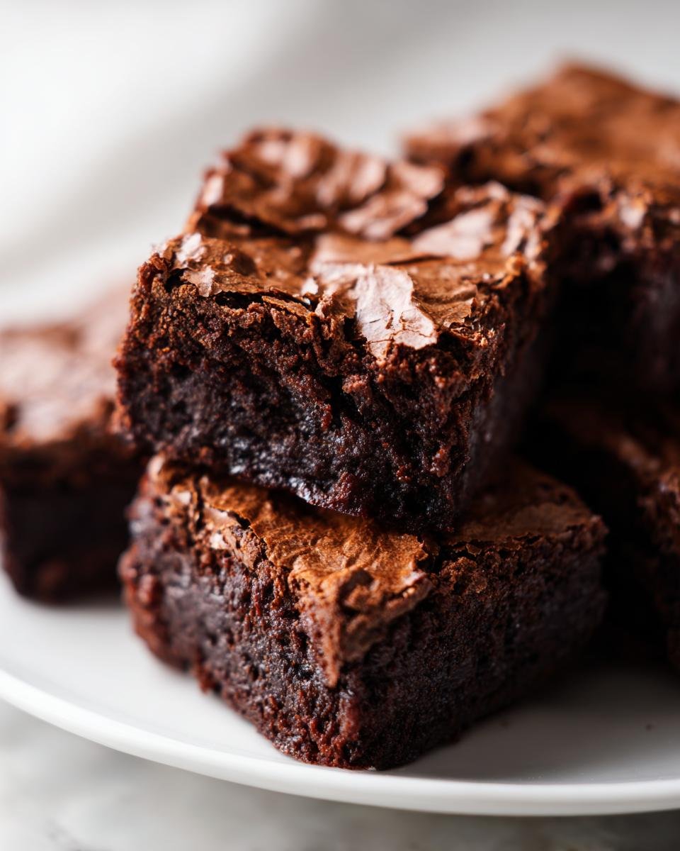 Close-up of stacked, fudgy Chocolate Brownies showing their rich dark interior and signature crackly top.