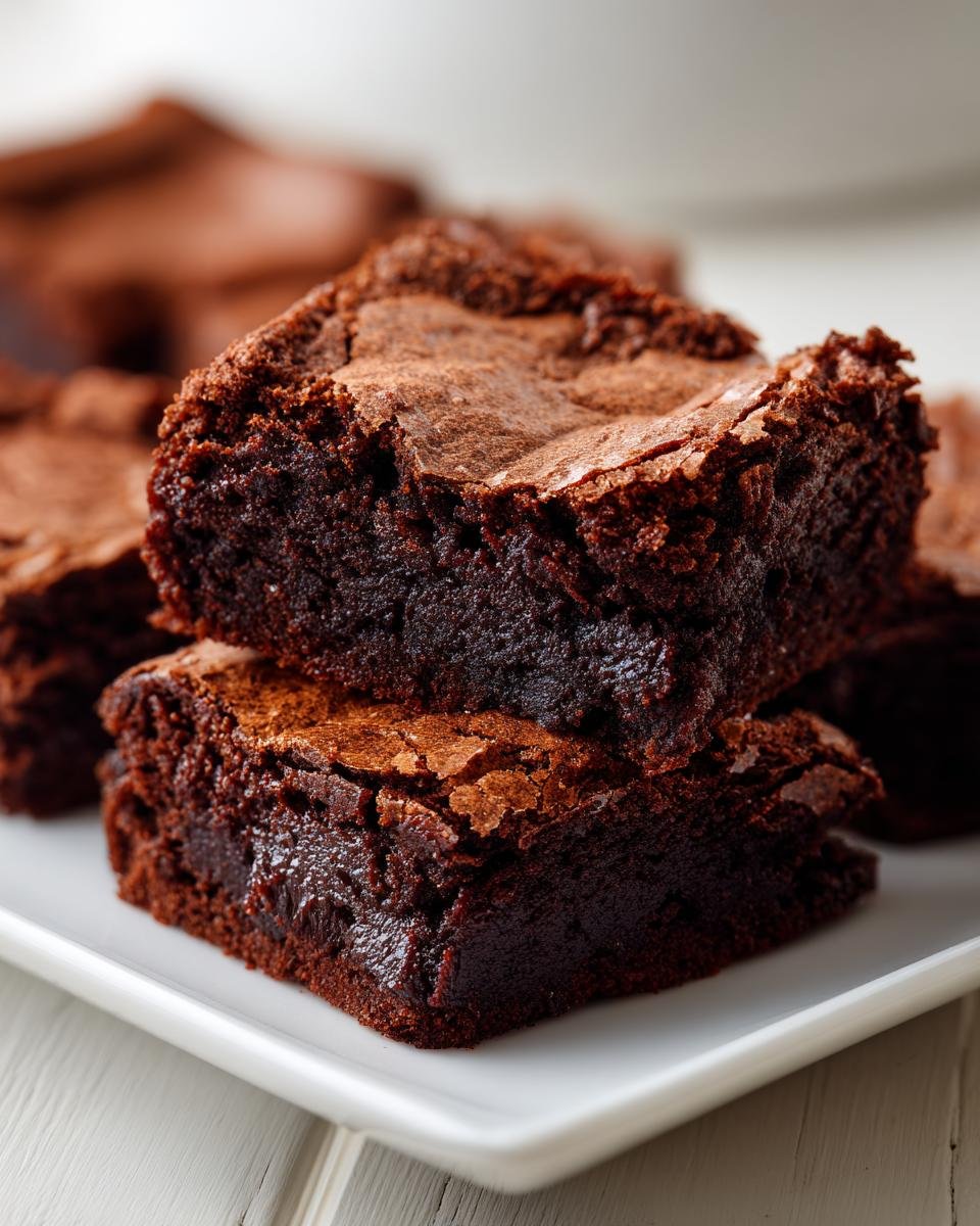 Close-up of two fudgy Chocolate Brownies stacked on a white plate, showing a crackly top.