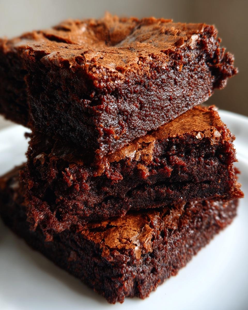 Close-up of three rich, fudgy Chocolate Brownies stacked on a white plate showing their dense texture.