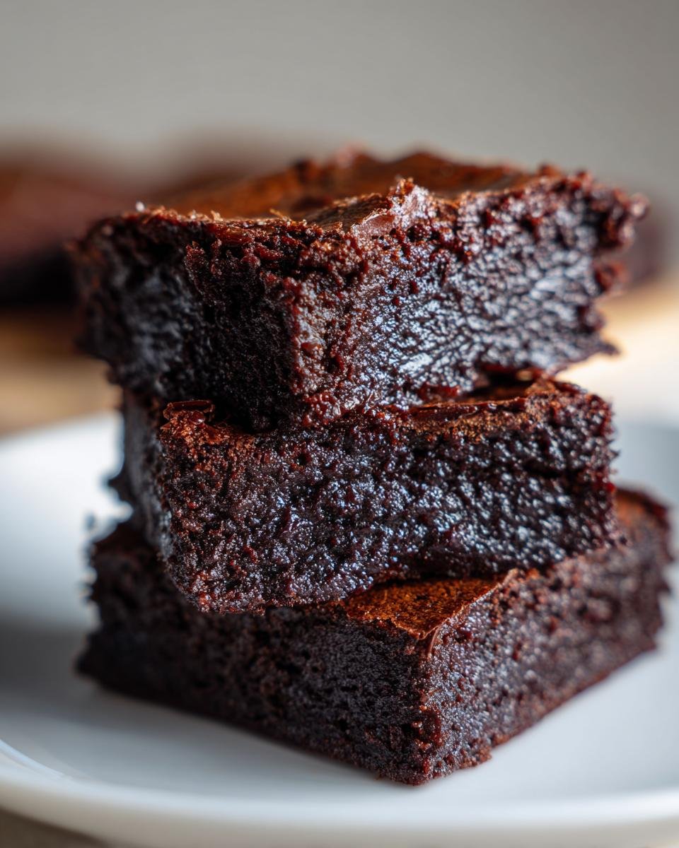 Close-up of three stacked, fudgy Chocolate Brownies with a moist, dark interior.