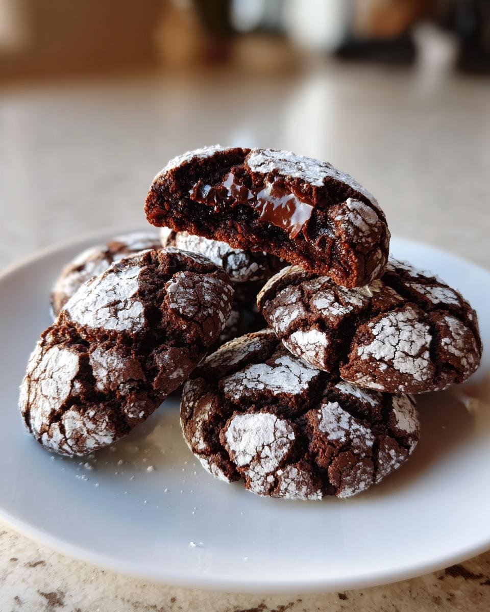A stack of fudgy Chocolate Crinkle Cookies dusted with powdered sugar, one cookie broken open showing a melted chocolate center.