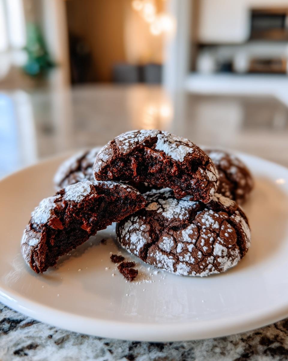 Close-up of fudgy Chocolate Crinkle Cookies, one broken in half showing the moist interior and powdered sugar coating.