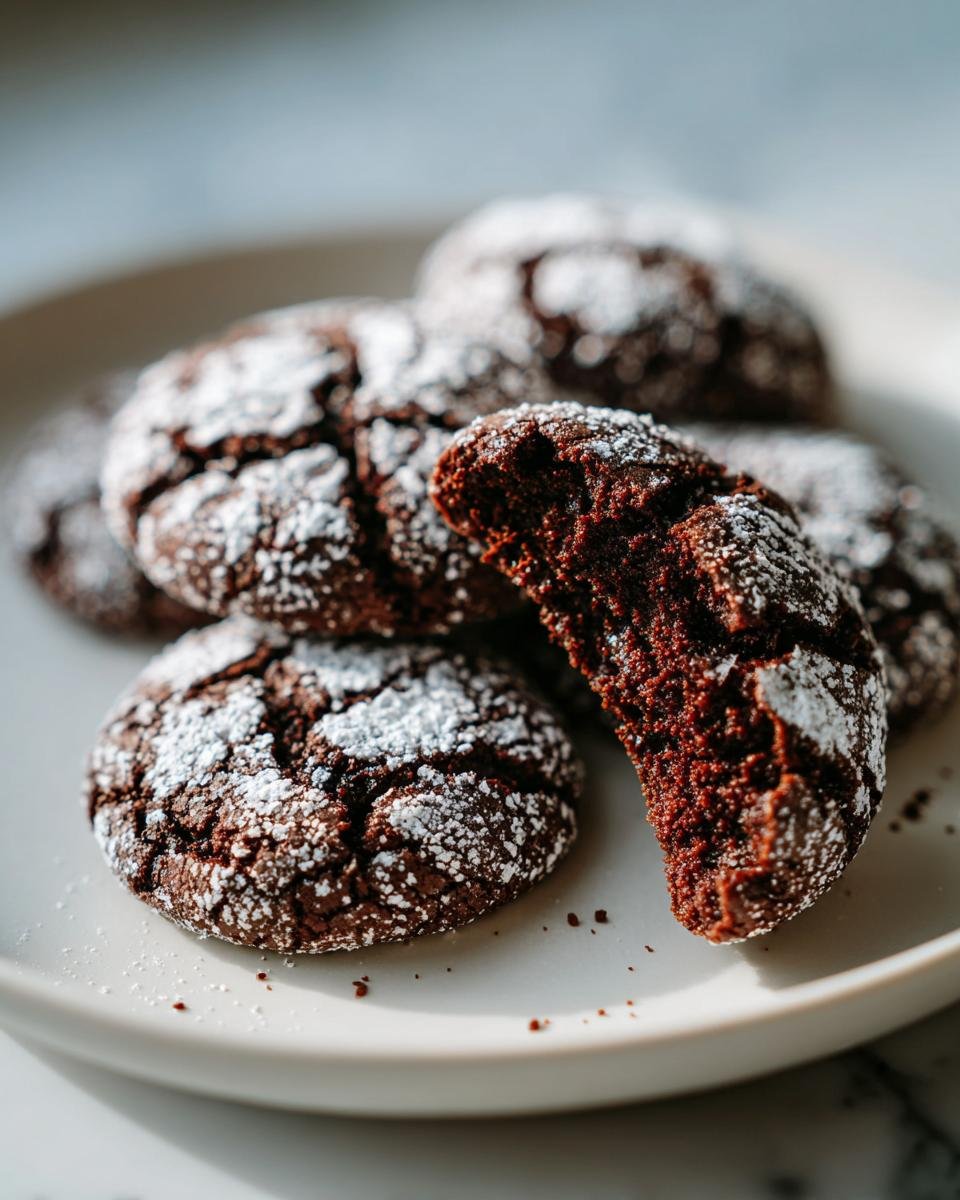 Close-up of fudgy Chocolate Crinkle Cookies dusted with powdered sugar, one cookie broken open.