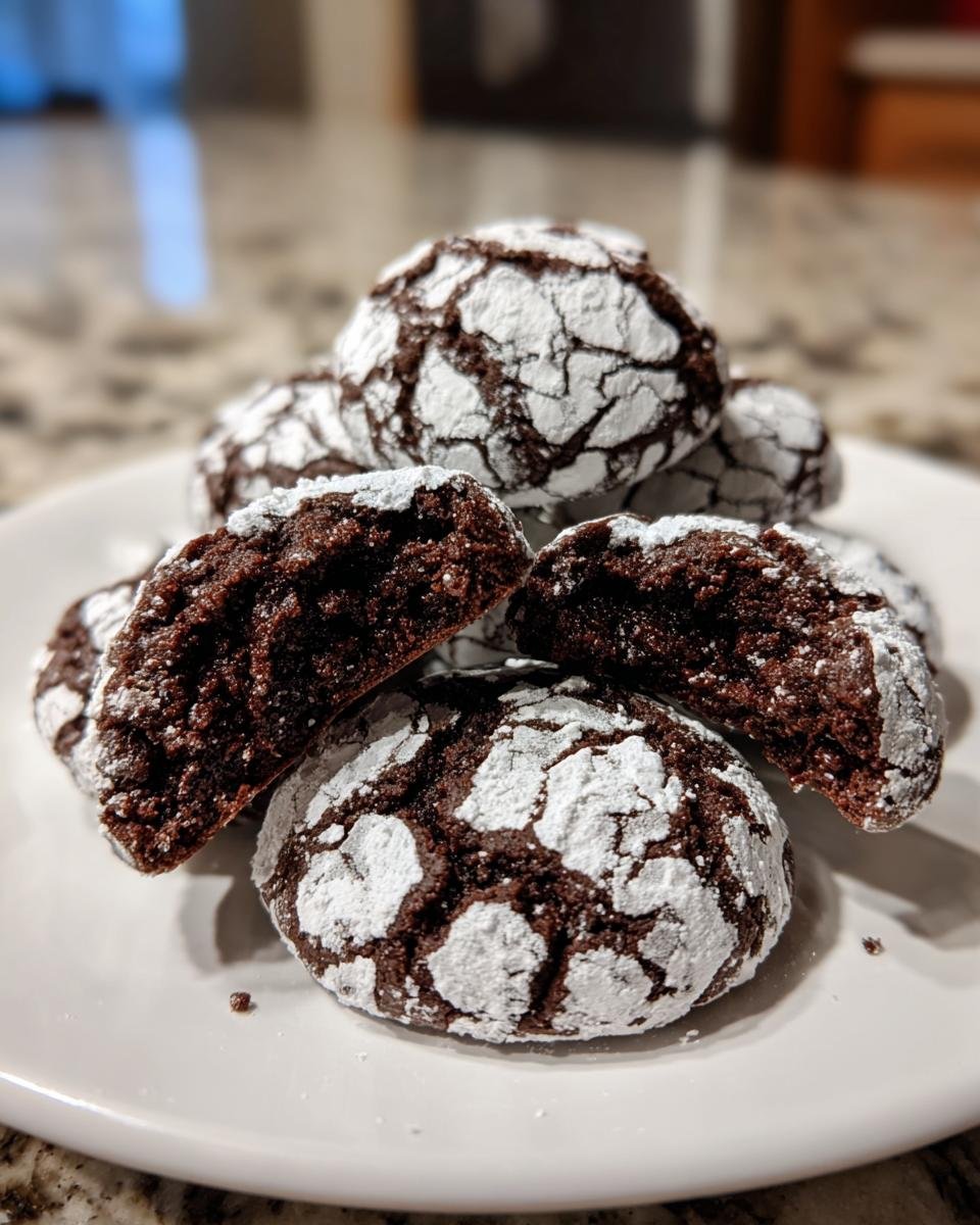 A stack of fudgy Chocolate Crinkle Cookies dusted heavily with powdered sugar, one cookie is broken open.