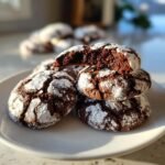 A stack of fudgy Chocolate Crinkle Cookies dusted heavily with powdered sugar, one cookie broken open to show the rich interior.