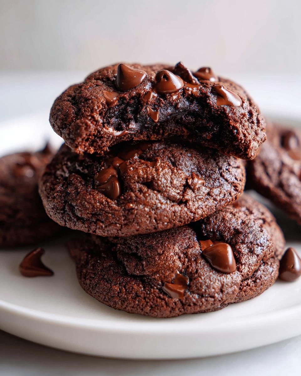 Close-up of a stack of three fudgy Hot Chocolate Cookies, one broken open to show the soft interior and melted chocolate chips.