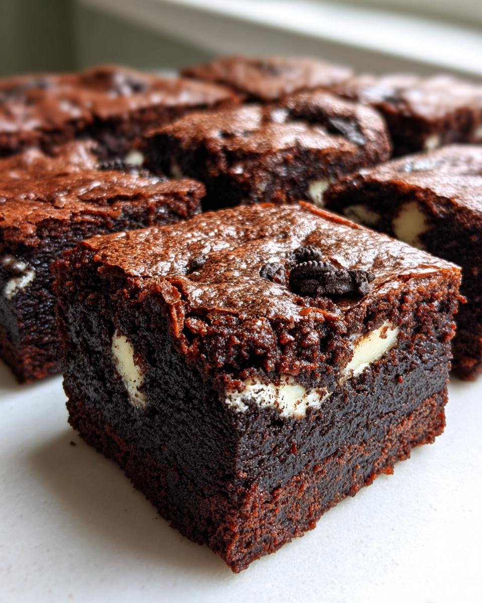 A close-up of a freshly cut, fudgy Oreo Brownies square showing white filling and a piece of cookie on top.