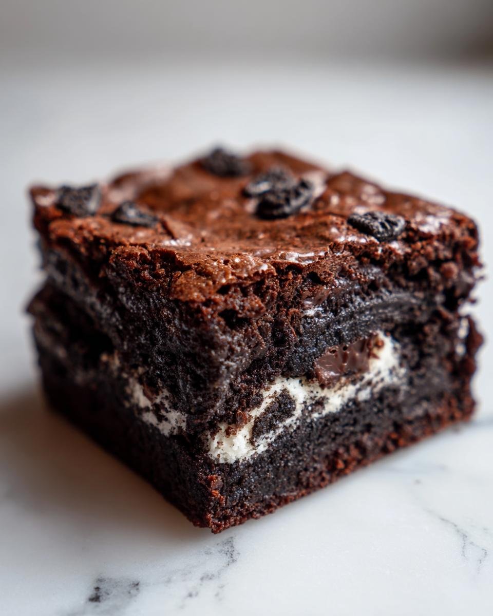 A single, fudgy square of Oreo Brownies showing a thick cream filling layer and cookie pieces on top.