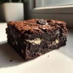 A close-up, rich, dark square of Oreo Brownies showing a fudgy interior with white cream filling chunks and an Oreo piece on top.