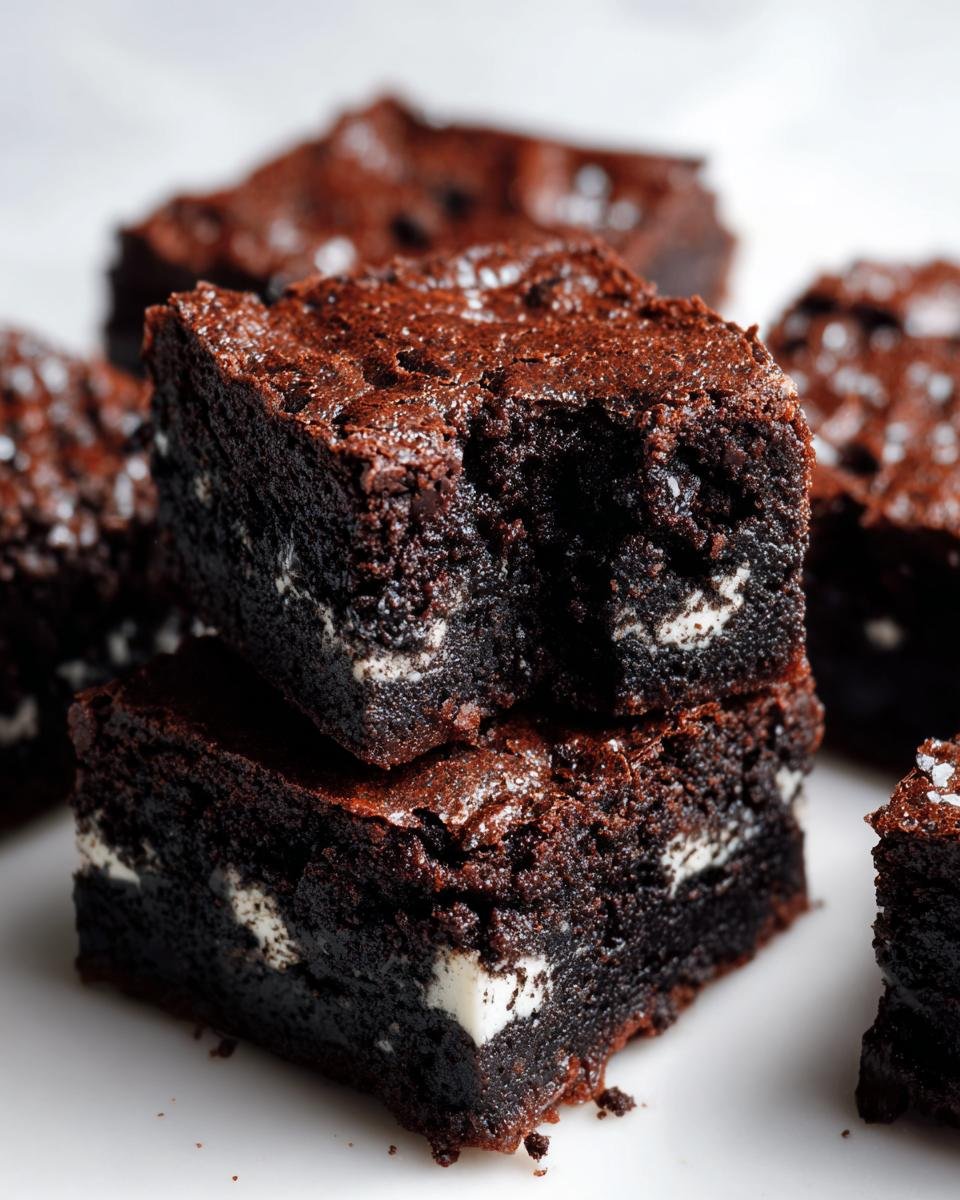 Close-up of stacked, fudgy Oreo Brownies showing the white cream filling inside the dark chocolate base.