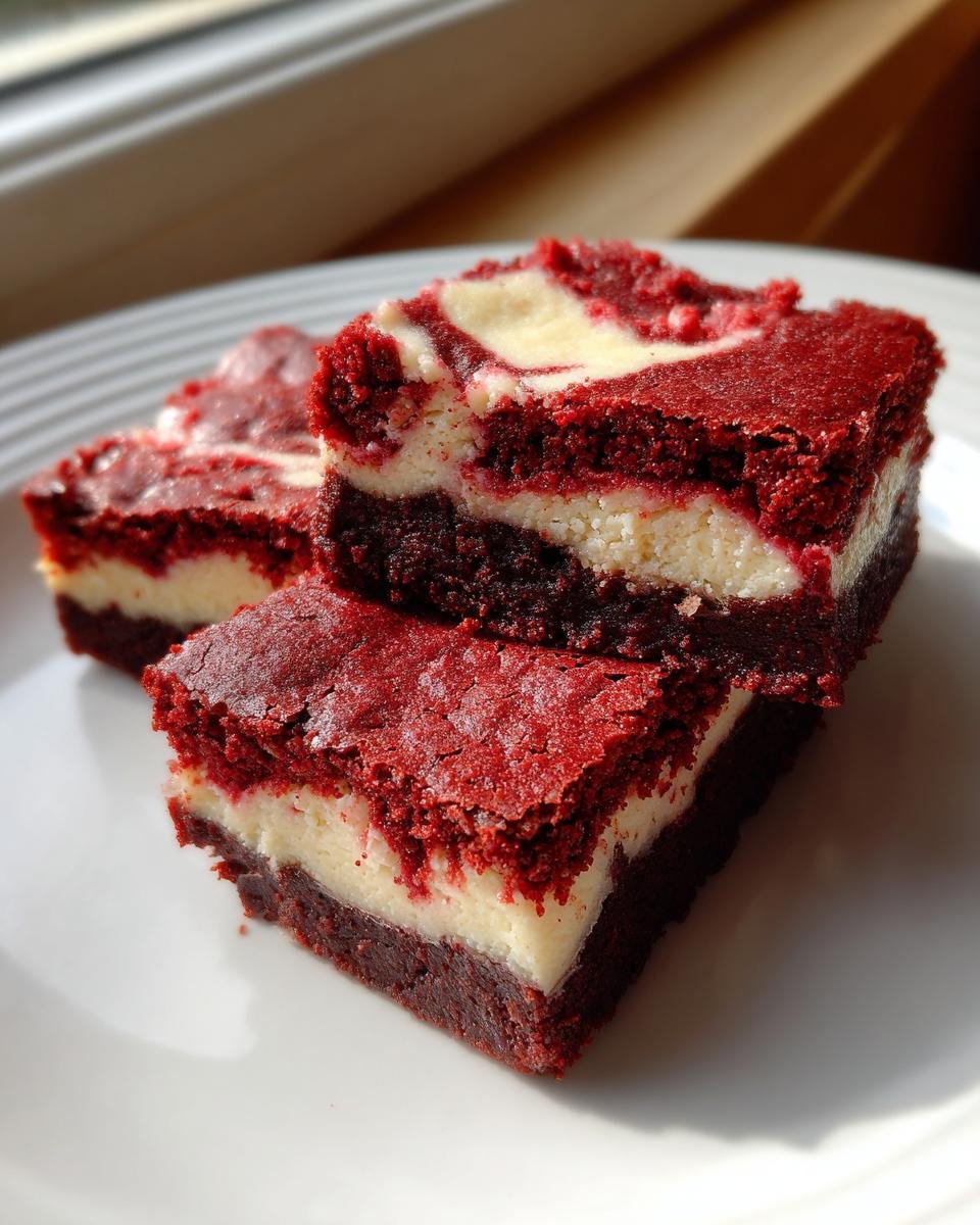 Three fudgy Red Velvet Brownies stacked on a white plate, showing a distinct red layer and a white cream cheese swirl.