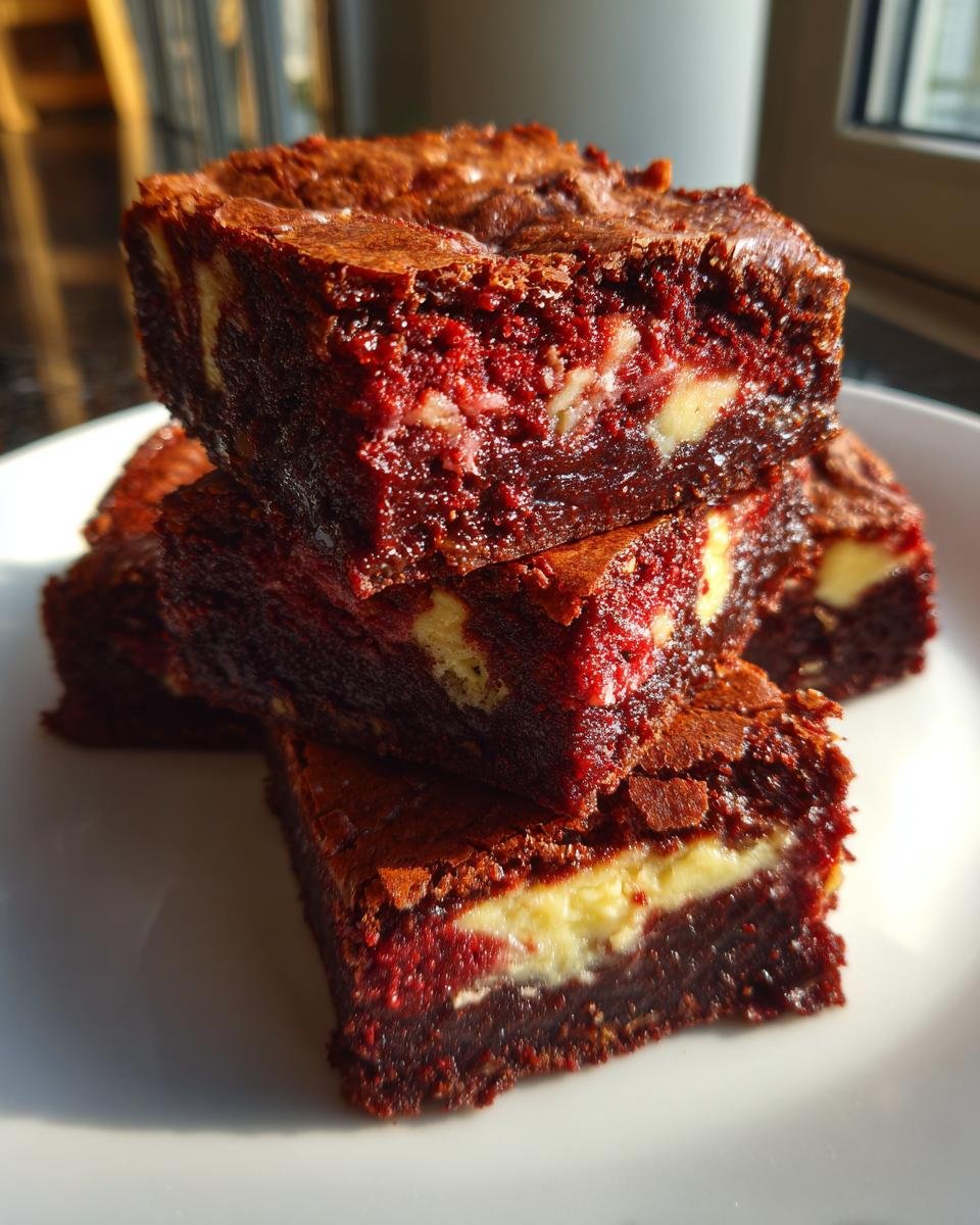 Stack of fudgy Red Velvet Brownies featuring a visible cream cheese swirl interior.