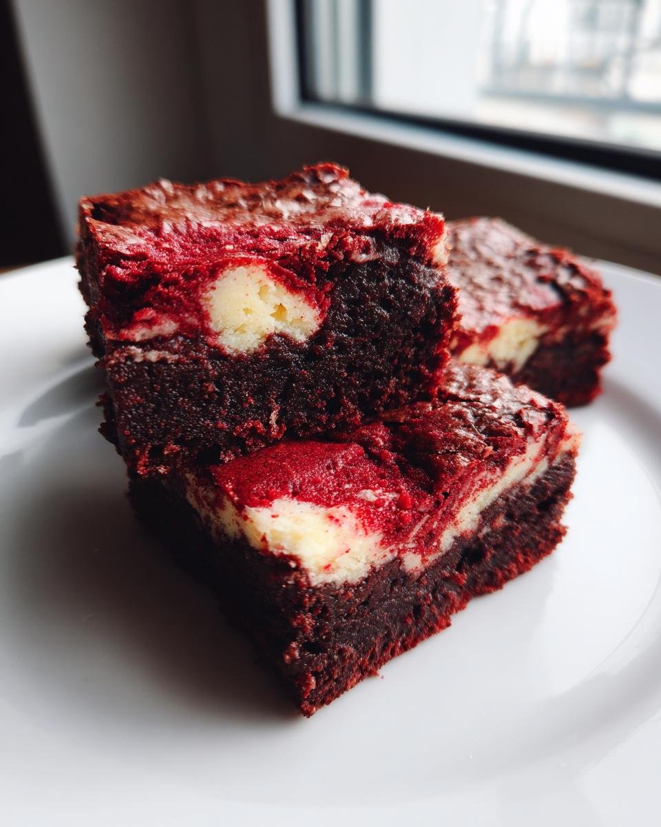 Close-up of three fudgy Red Velvet Brownies stacked on a white plate with cream cheese swirls.